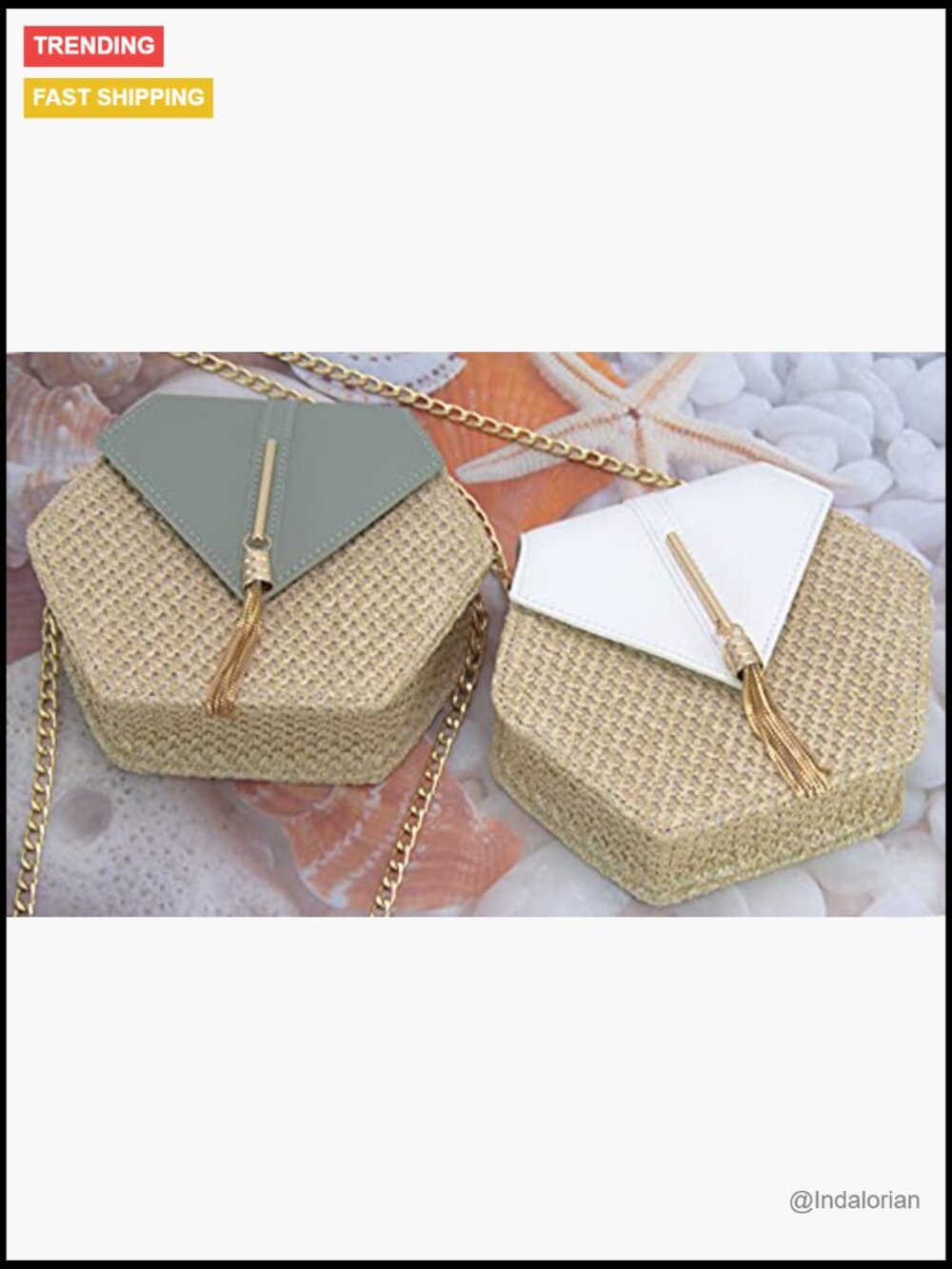 Straw and PU Leather Crossbody Bag with Magnetic Closure - Picture 6 of 7